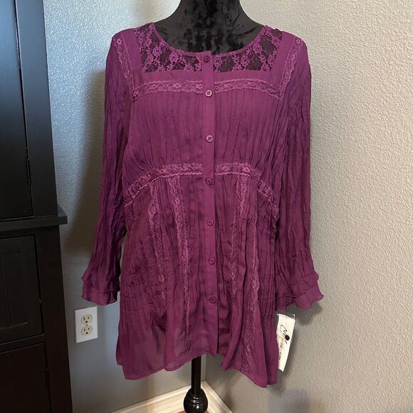 NY Collection Blouse Women’s XL Purple Lace Pleated Button Front Flowy Boho NWT - Picture 1 of 9
